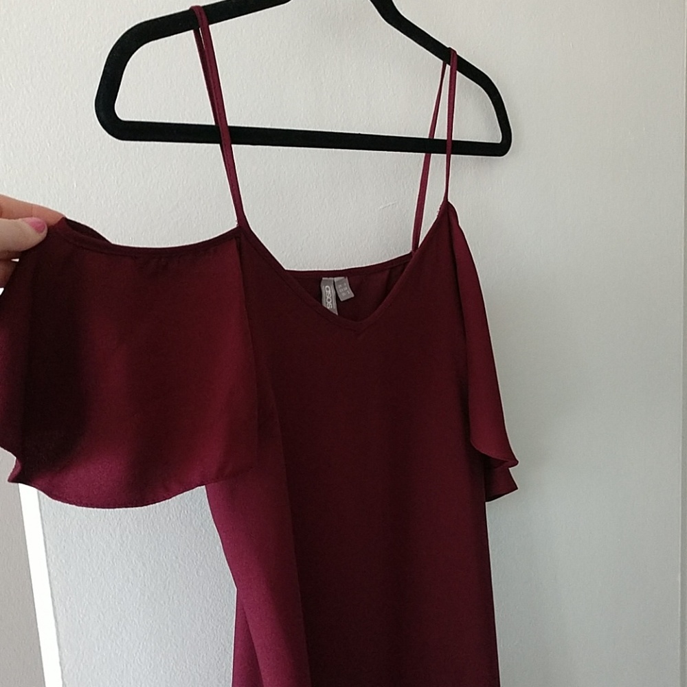 ASOS maroon off the shoulder dress